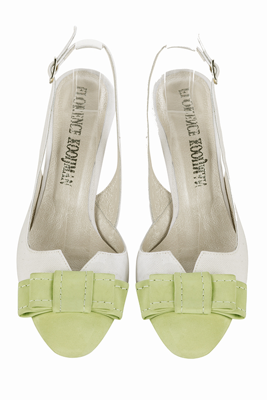 Meadow green and pure white women's open back shoes, with a knot. Round toe. Medium slim heel. Top view - Florence KOOIJMAN